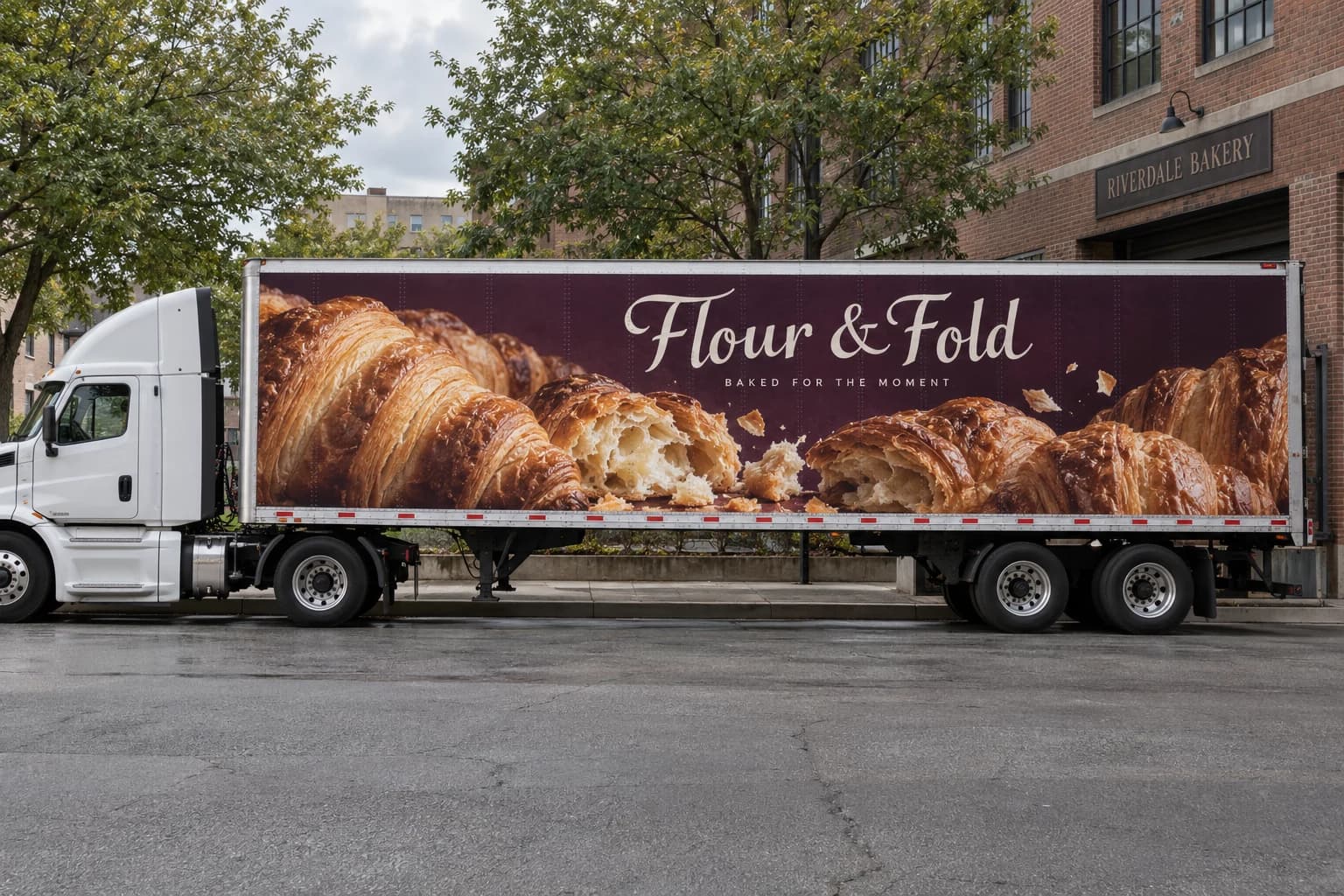Flour & Fold bakery concept on a trailer side, with oversized golden croissants, cream lettering, and a deep plum background.