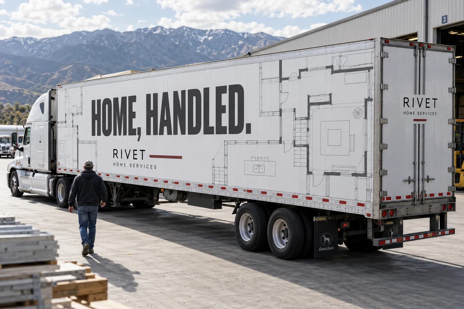 Driver beside a parked trailer with a fictional RIVET Home Services wrap: white vinyl, charcoal architectural plans, and the headline HOME, HANDLED.