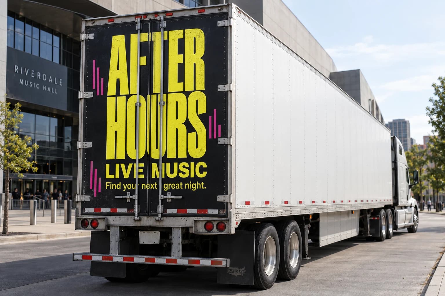 Fictional AFTERHOURS live-music advertisement on black trailer rear doors, with stacked yellow lettering and magenta bars; the trailer side is plain white.