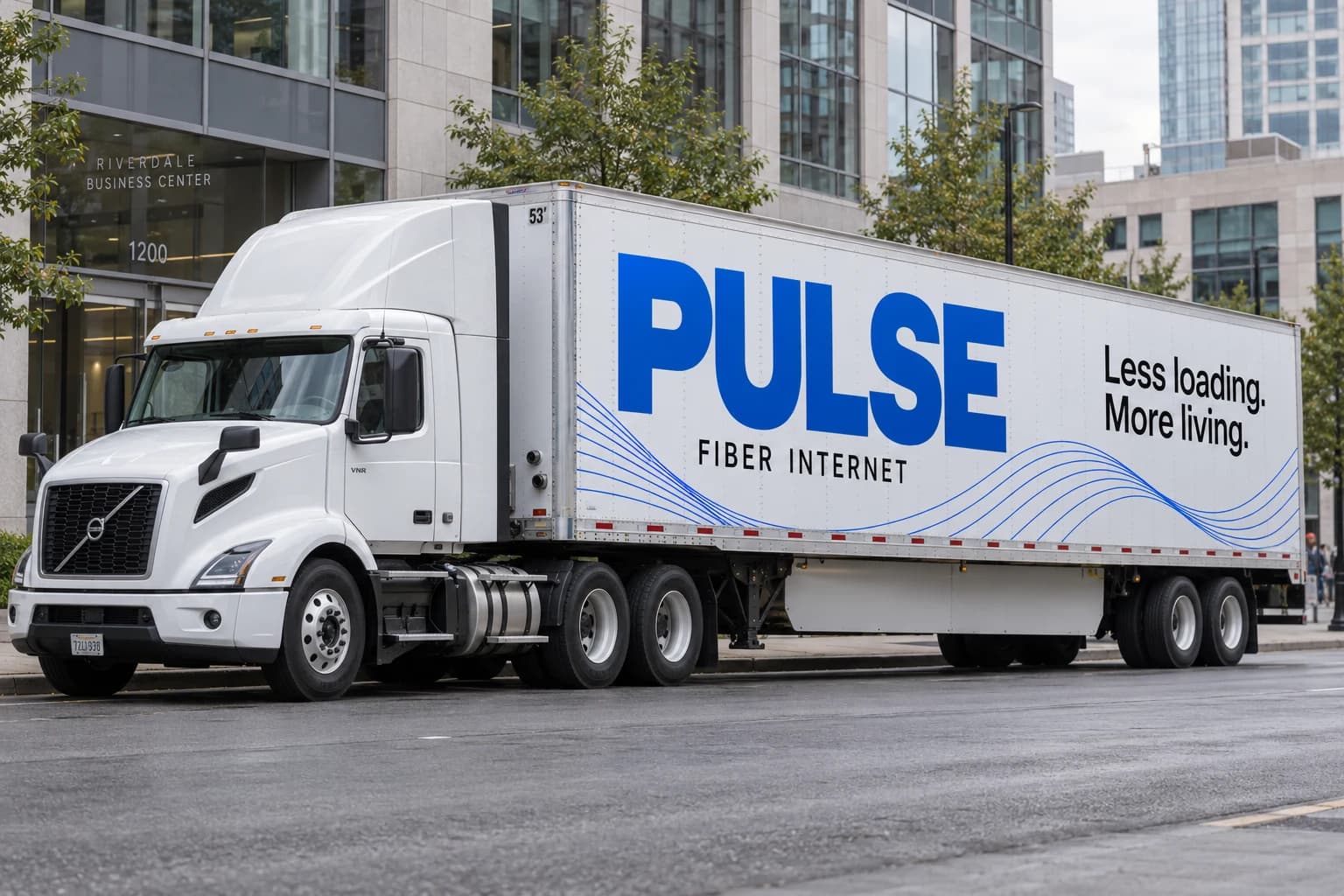 Fictional PULSE Fiber Internet trailer advertisement with large cobalt-blue lettering, black headline, and flowing blue lines on white vinyl.
