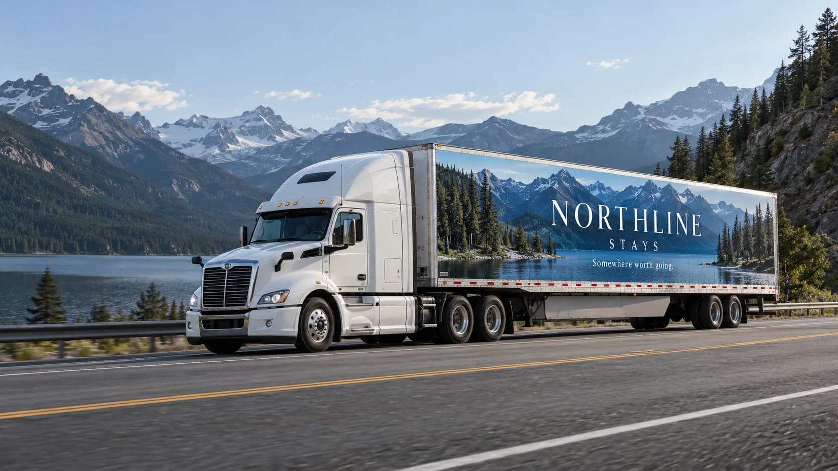 Fictional NORTHLINE STAYS travel advertisement with an alpine lake photograph and white lettering across a truck trailer on a mountain highway